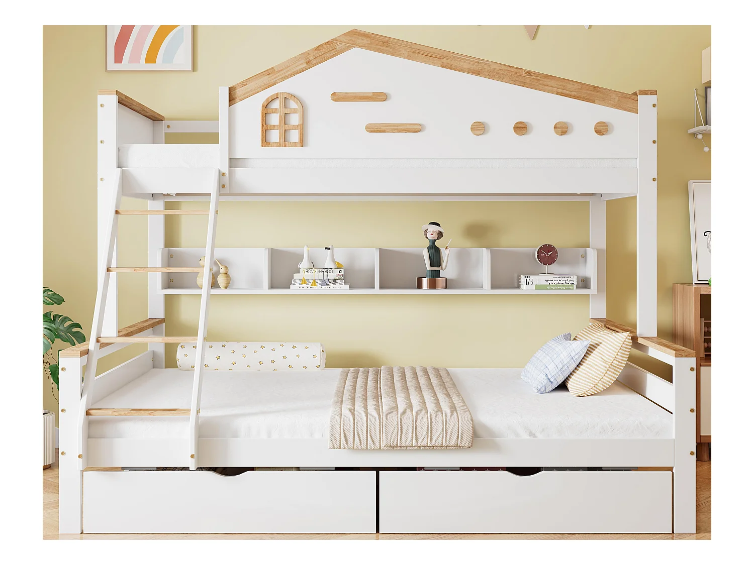 Beliche em madeira 90x200cm + 140x200cm - com escada e 2 gavetas - Branco & Natural