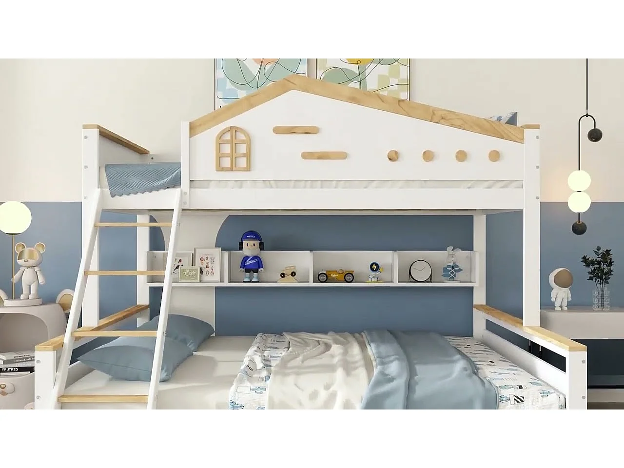 Beliche em madeira 90x200cm + 140x200cm - com escada e 2 gavetas - Branco & Natural