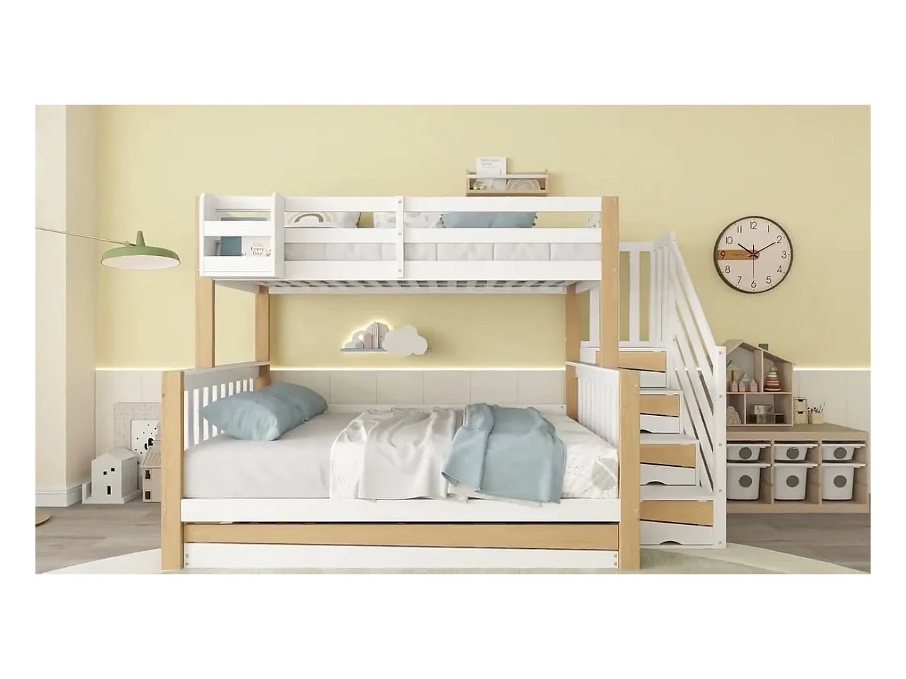Lit superposé 90x200cm + 120x200cm + lit gigogne 90x190cm - avec escalier de rangement - en Bois de pin et MDF - Blanc & Naturel