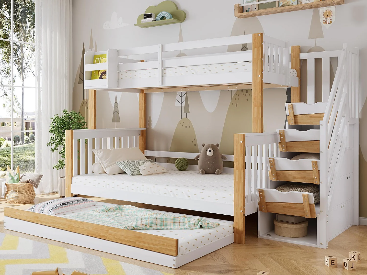 Litera 90x200cm + 120x200cm + cama nido 90x190cm - con escalera almacenaje - en madera de pino y MDF - Blanco & Natural