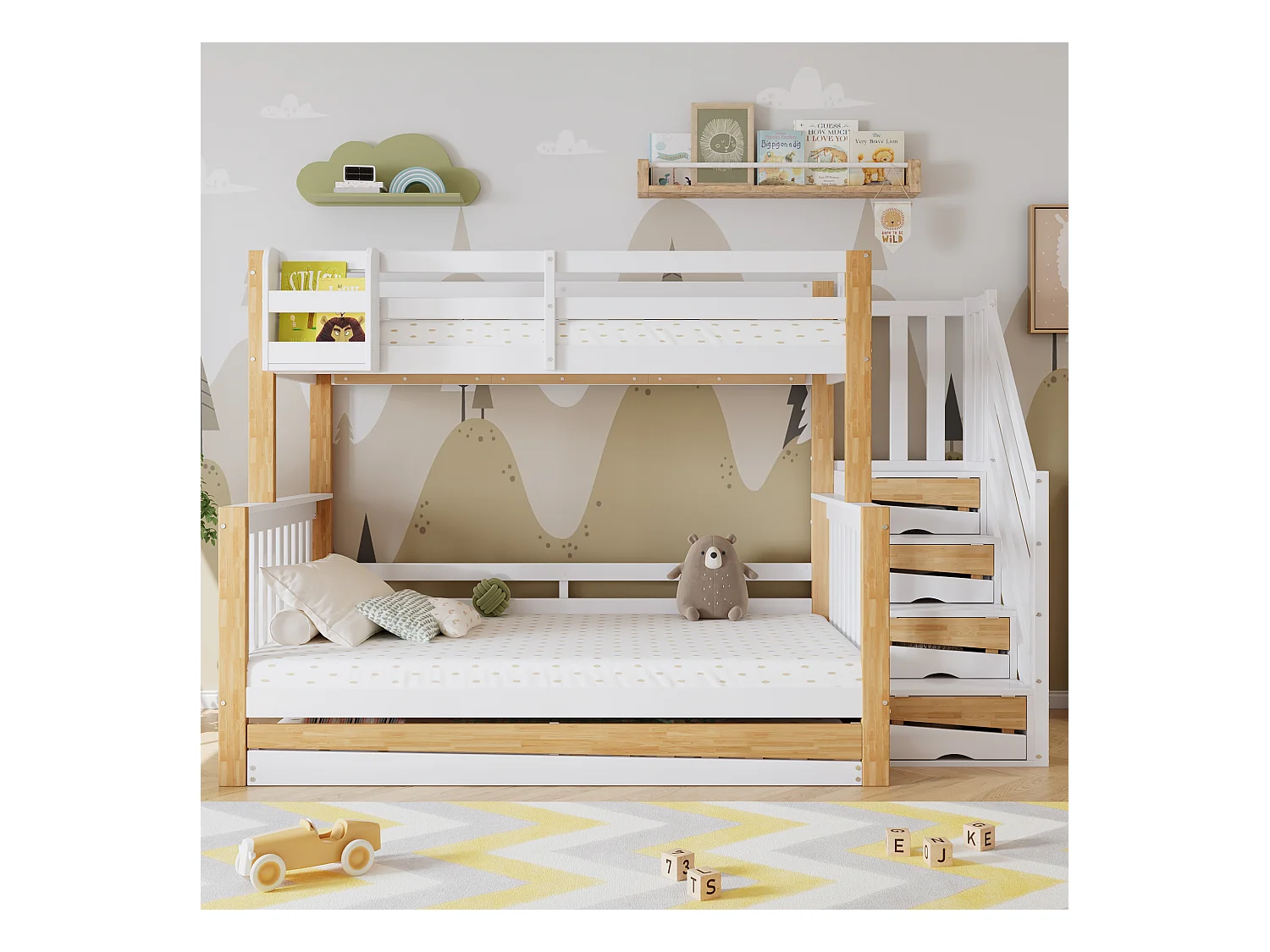 Litera 90x200cm + 120x200cm + cama nido 90x190cm - con escalera almacenaje - en madera de pino y MDF - Blanco & Natural