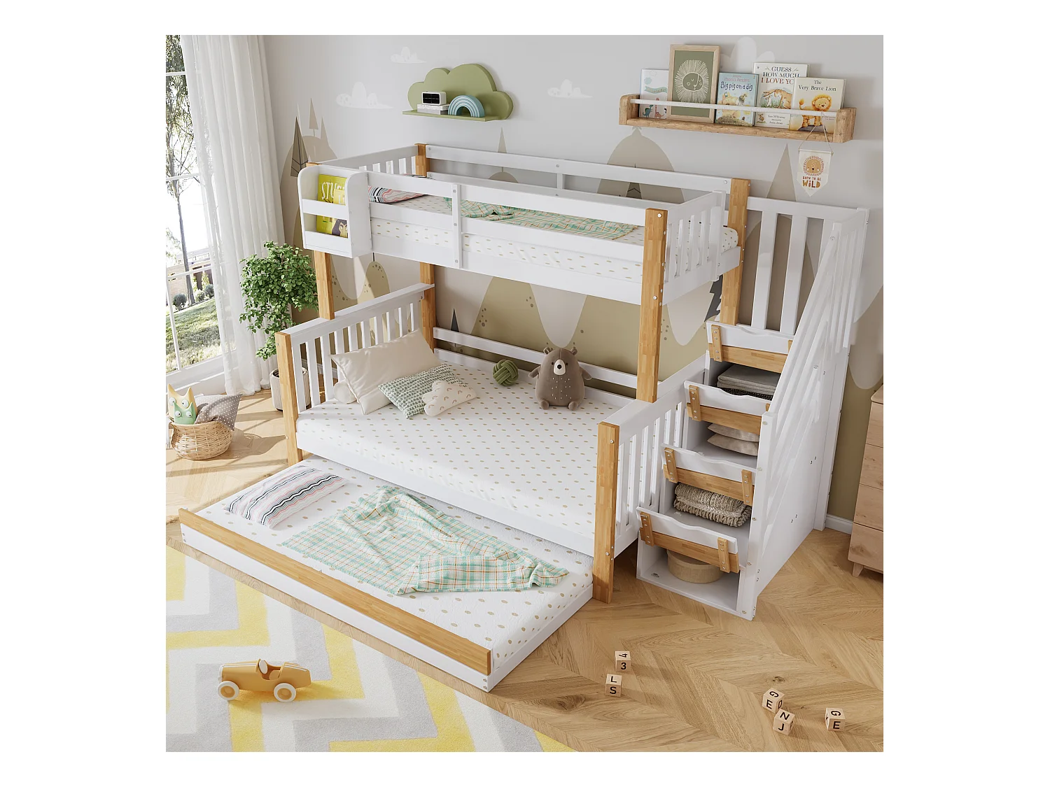Litera 90x200cm + 120x200cm + cama nido 90x190cm - con escalera almacenaje - en madera de pino y MDF - Blanco & Natural