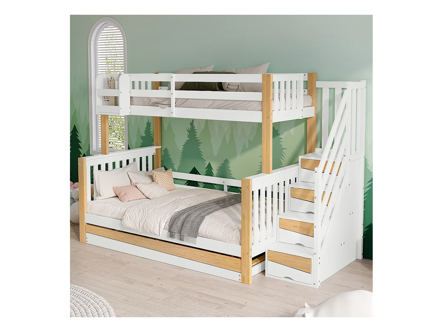 Litera 90x200cm + 120x200cm + cama nido 90x190cm - con escalera almacenaje - en madera de pino y MDF - Blanco & Natural