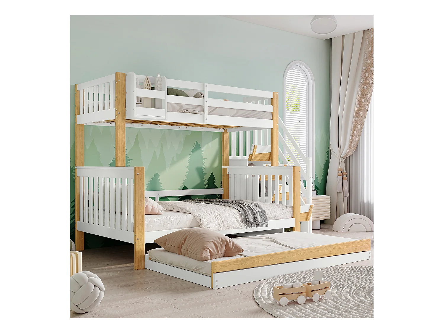 Litera 90x200cm + 120x200cm + cama nido 90x190cm - con escalera almacenaje - en madera de pino y MDF - Blanco & Natural