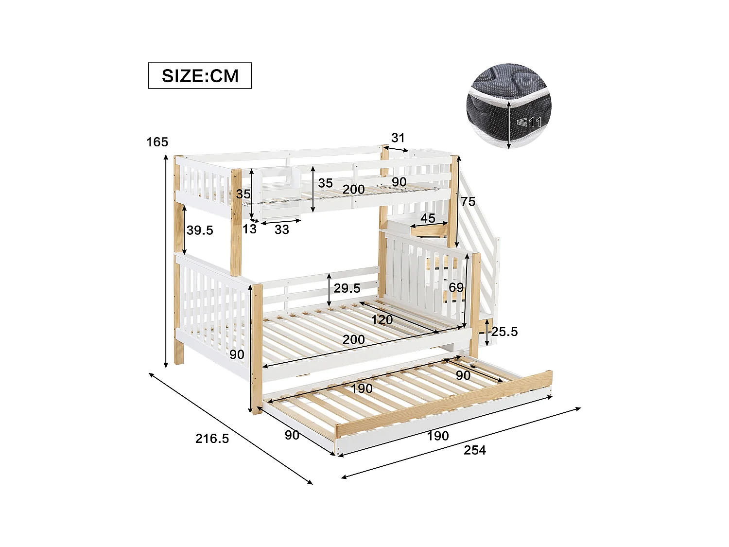 Litera 90x200cm + 120x200cm + cama nido 90x190cm - con escalera almacenaje - en madera de pino y MDF - Blanco & Natural