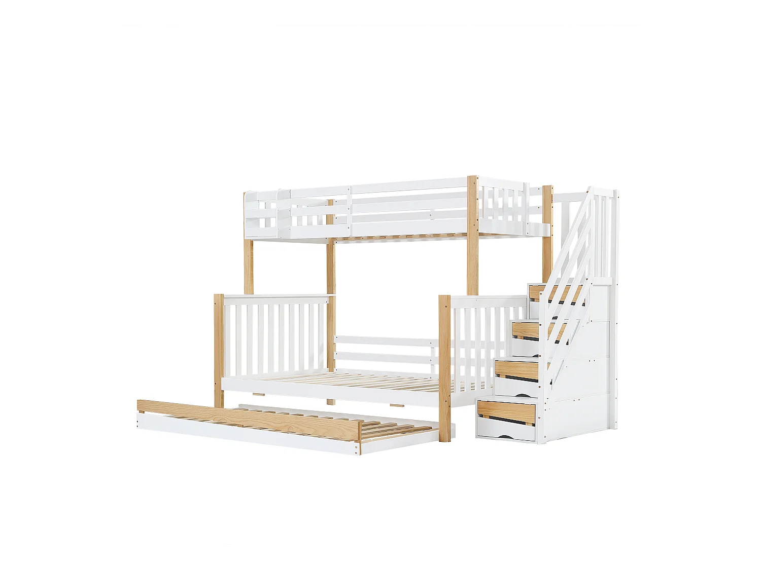 Litera 90x200cm + 120x200cm + cama nido 90x190cm - con escalera almacenaje - en madera de pino y MDF - Blanco & Natural