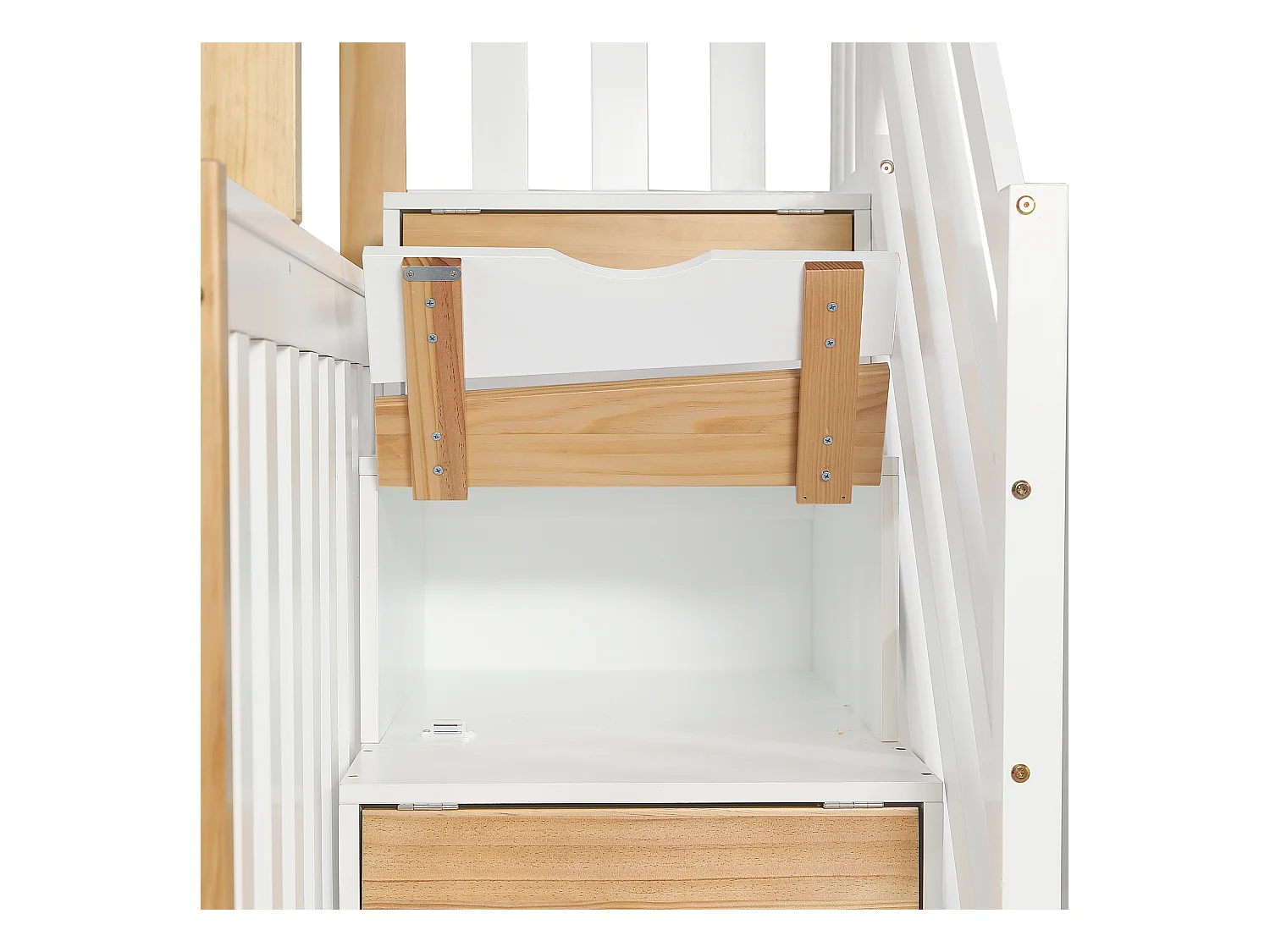 Litera 90x200cm + 120x200cm + cama nido 90x190cm - con escalera almacenaje - en madera de pino y MDF - Blanco & Natural