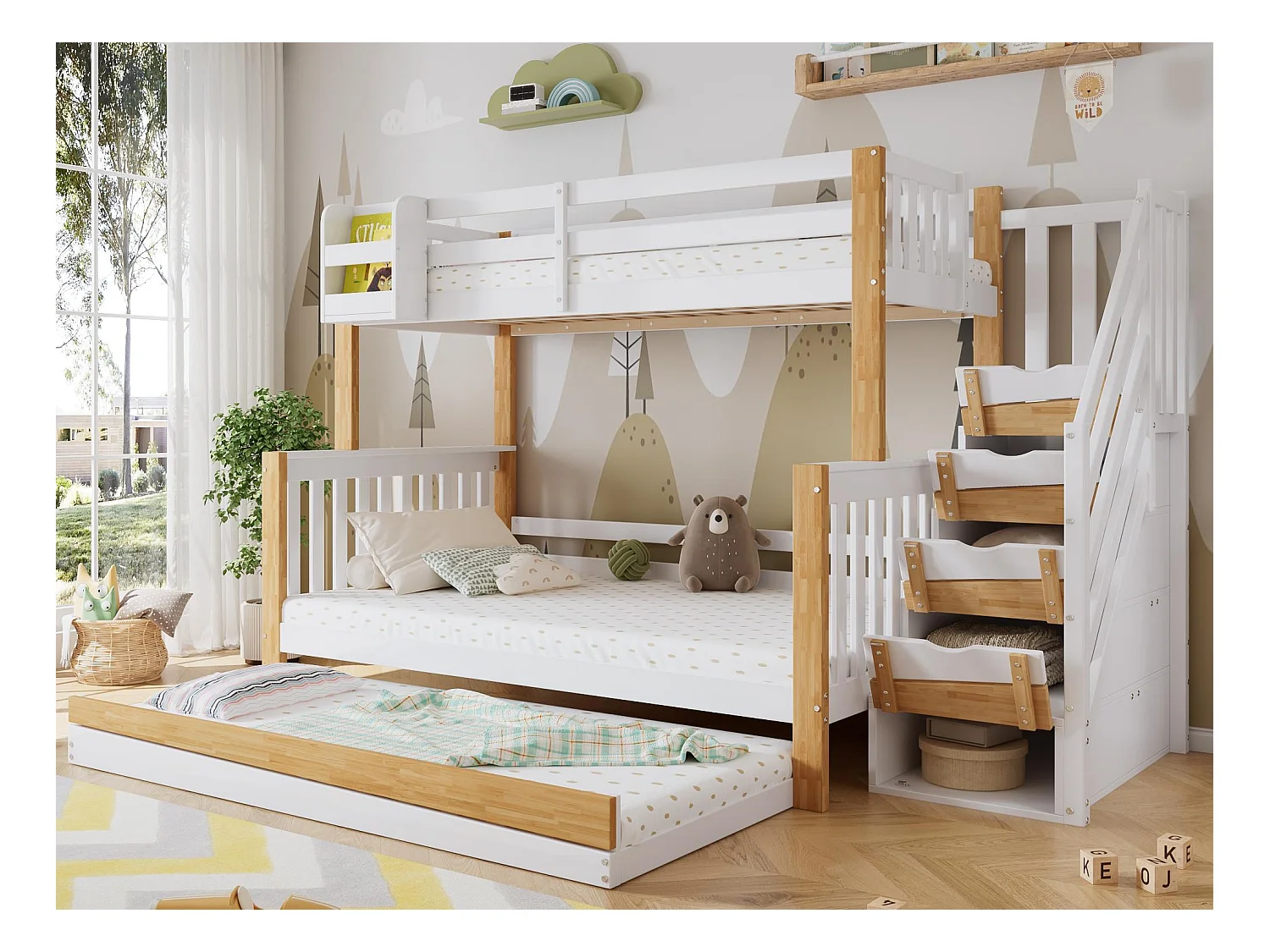 Lit superposé 90x200cm + 120x200cm + lit gigogne 90x190cm - avec escalier de rangement - en Bois de pin et MDF - Blanc & Naturel