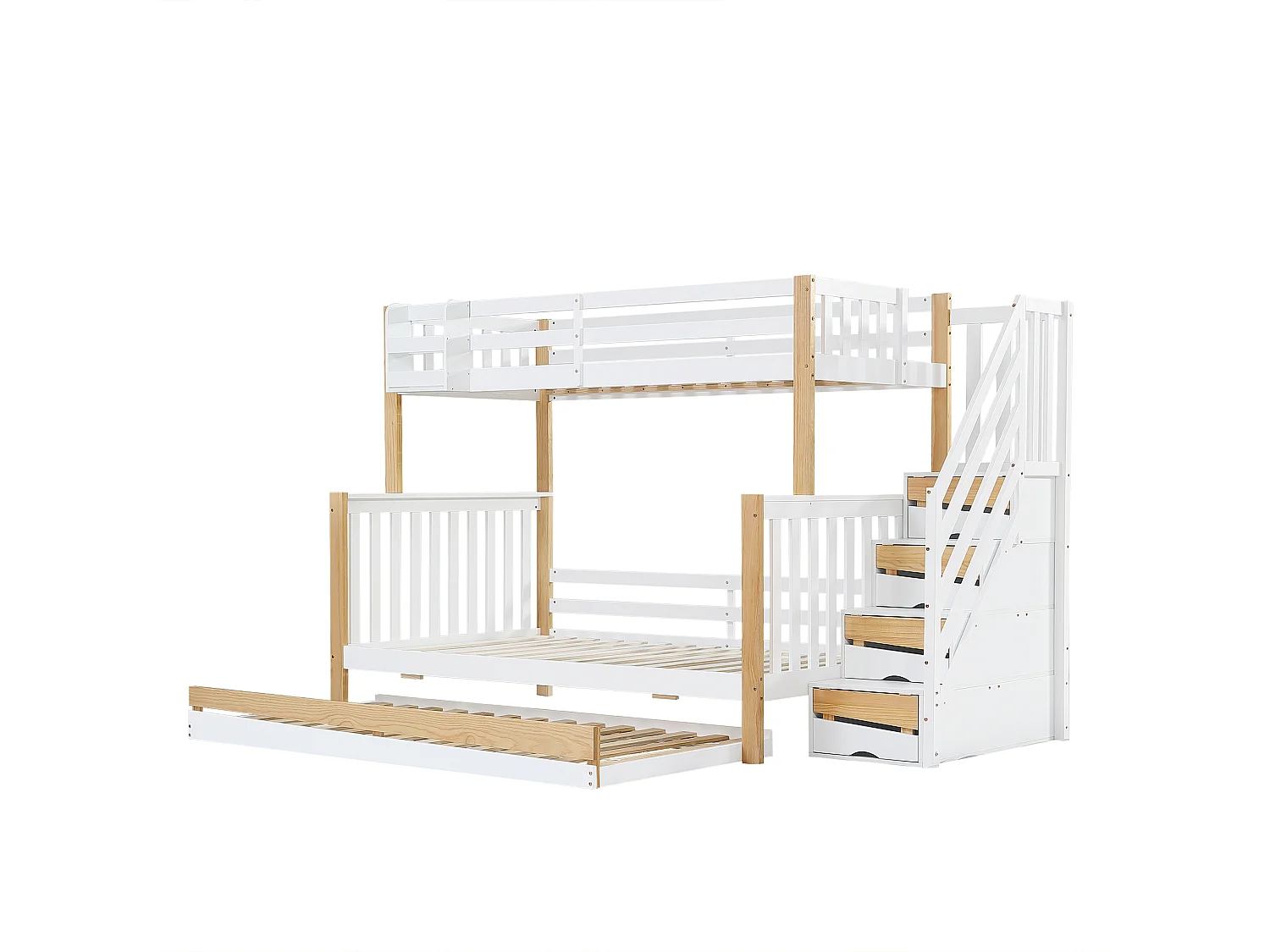 Lit superposé 90x200cm + 120x200cm + lit gigogne 90x190cm - avec escalier de rangement - en Bois de pin et MDF - Blanc & Naturel