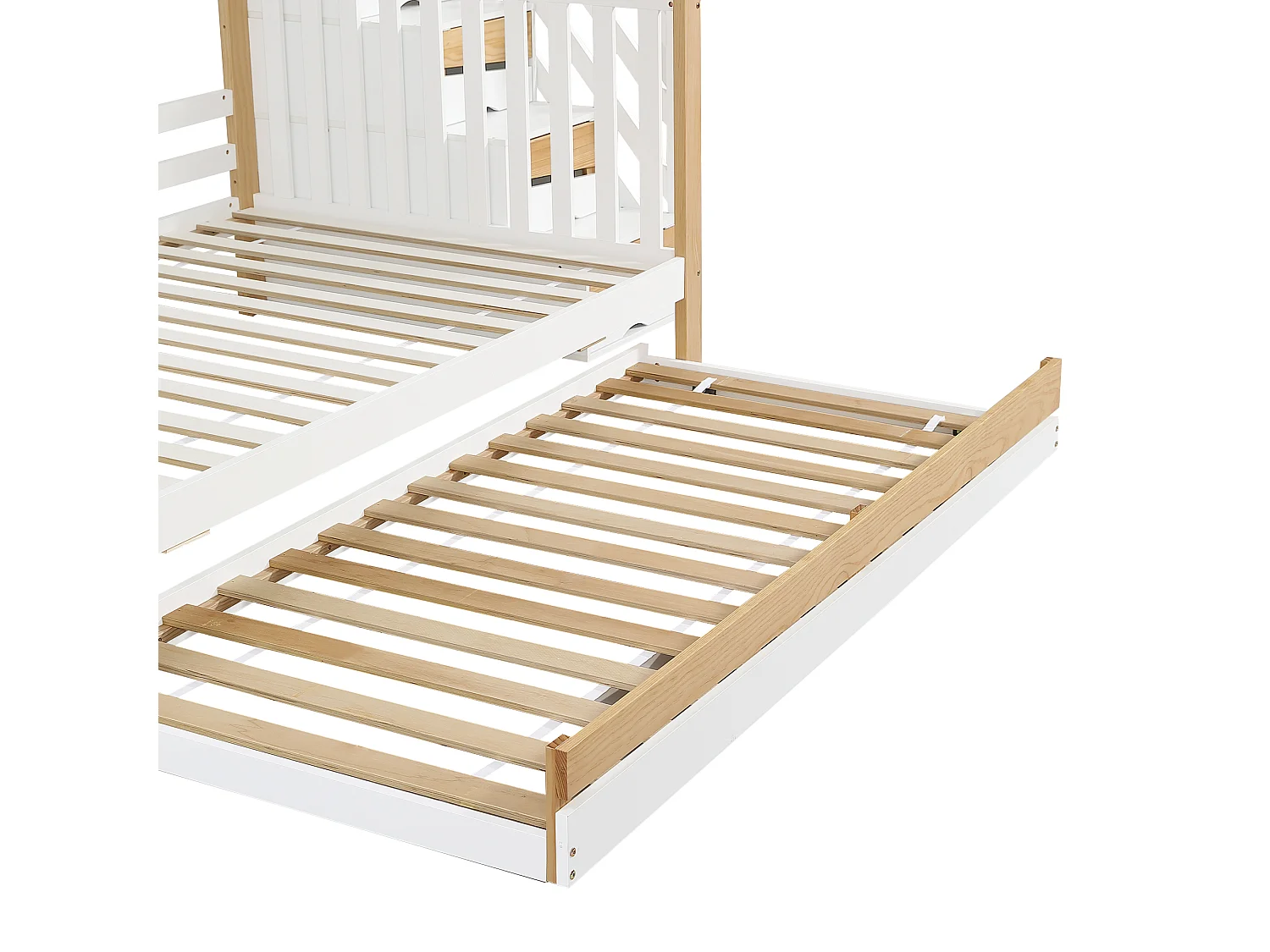 Lit superposé 90x200cm + 120x200cm + lit gigogne 90x190cm - avec escalier de rangement - en Bois de pin et MDF - Blanc & Naturel