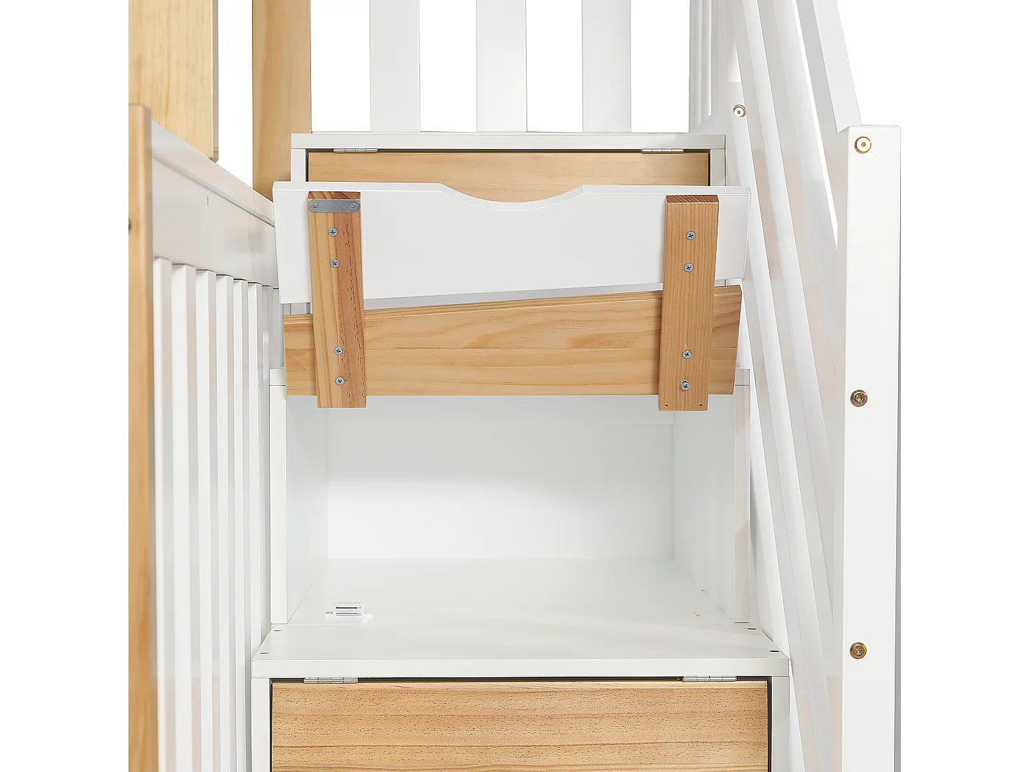 Lit superposé 90x200cm + 120x200cm + lit gigogne 90x190cm - avec escalier de rangement - en Bois de pin et MDF - Blanc & Naturel