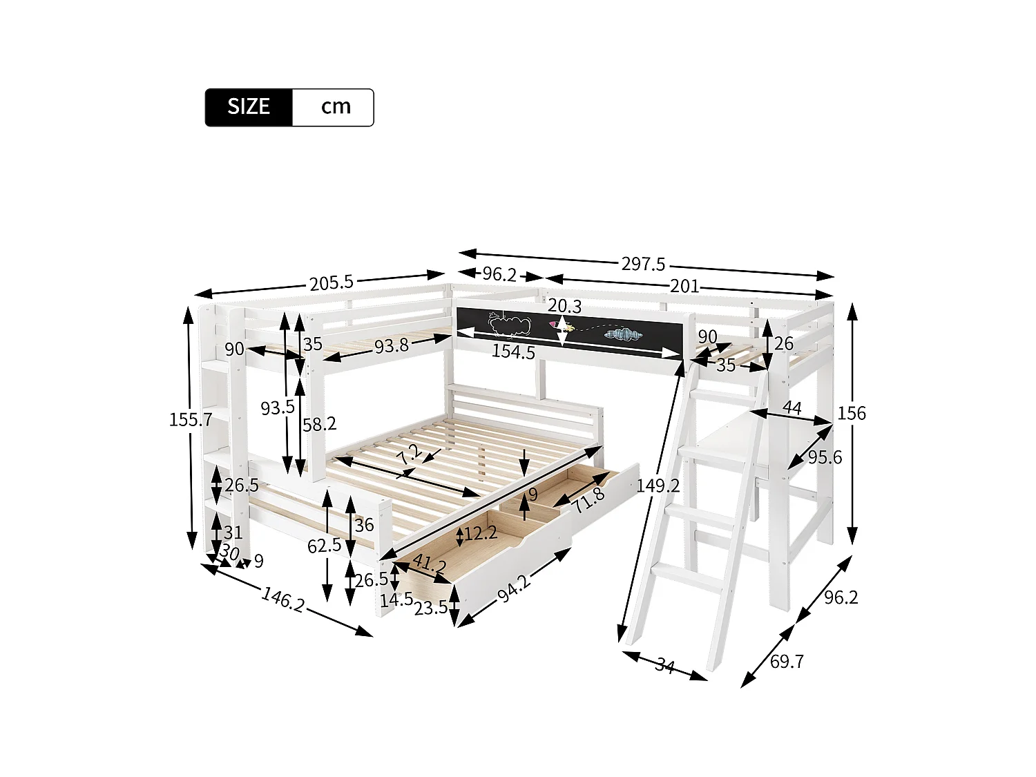Etagenbett 2x90x200cm + 140x200cm aus Holz – mit Schreibtisch und 2 Schubladen – Weiß