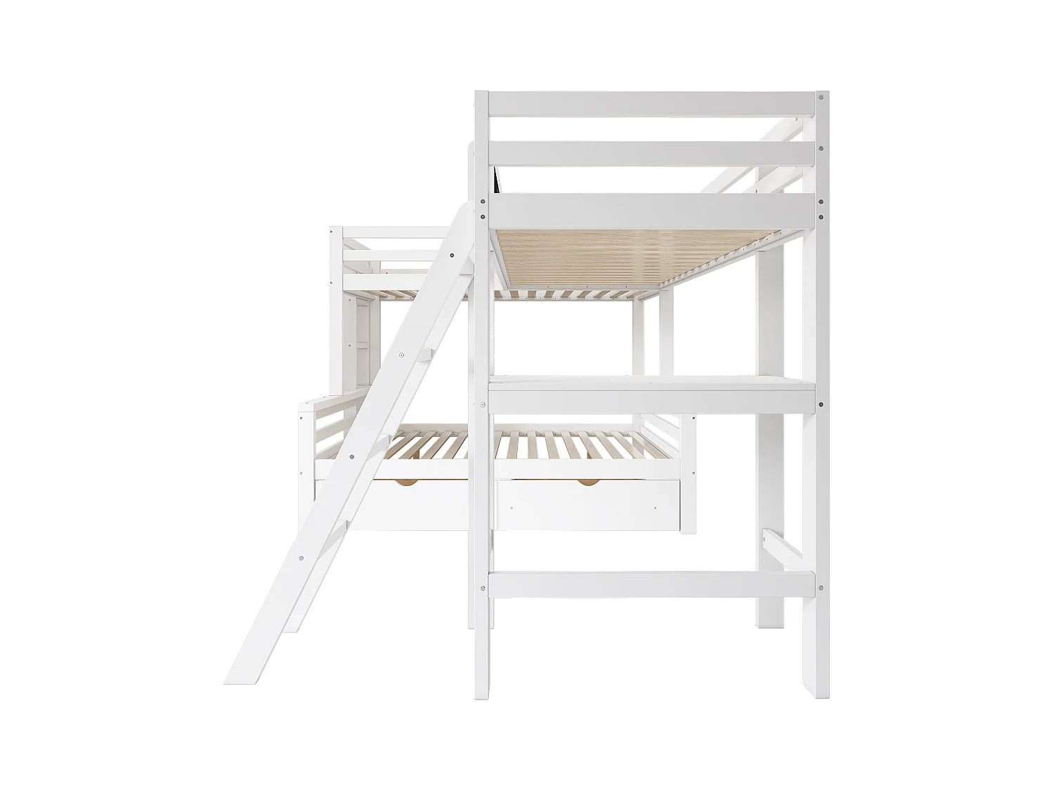 Etagenbett 2x90x200cm + 140x200cm aus Holz – mit Schreibtisch und 2 Schubladen – Weiß
