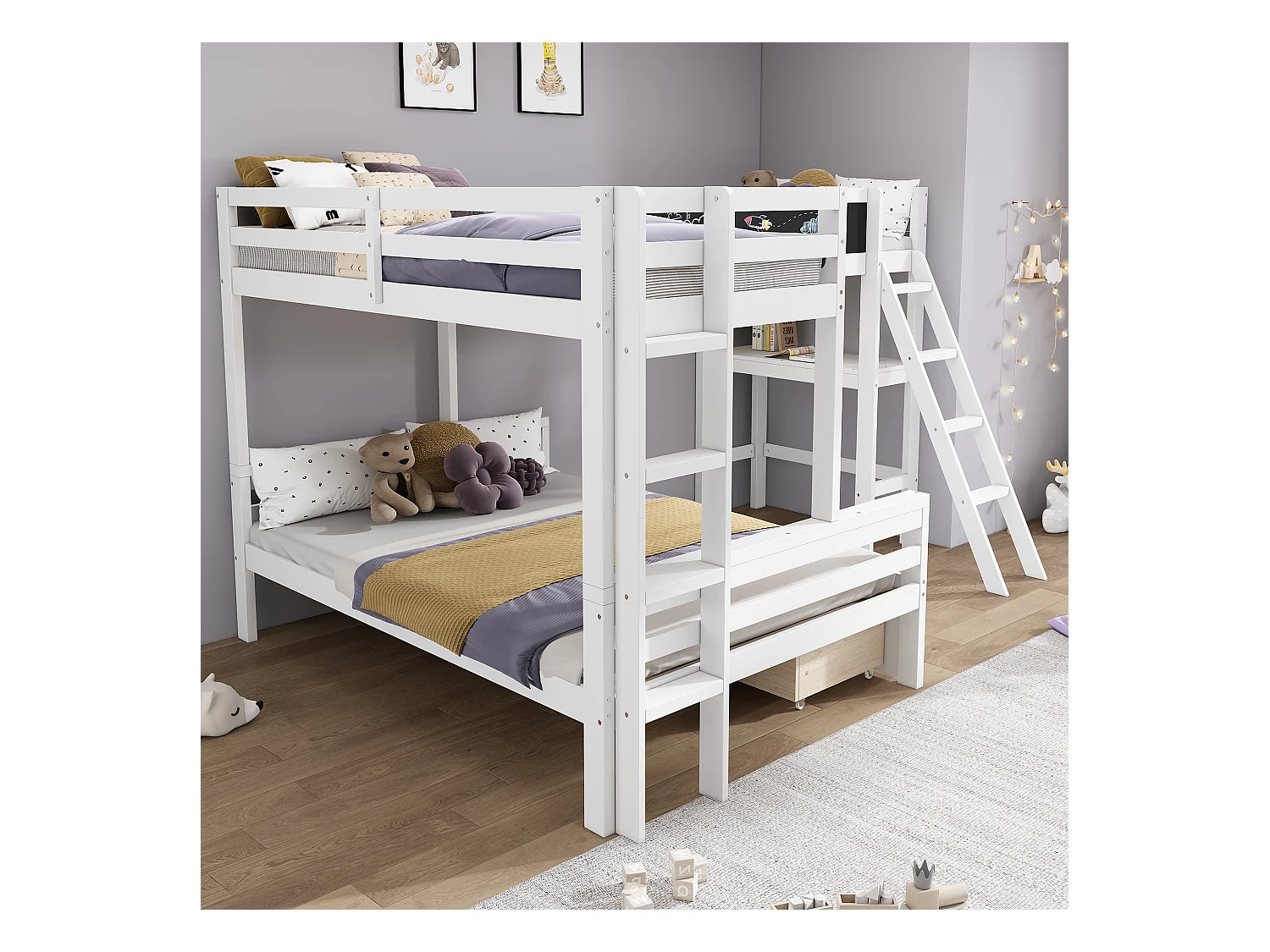 Etagenbett 2x90x200cm + 140x200cm aus Holz – mit Schreibtisch und 2 Schubladen – Weiß