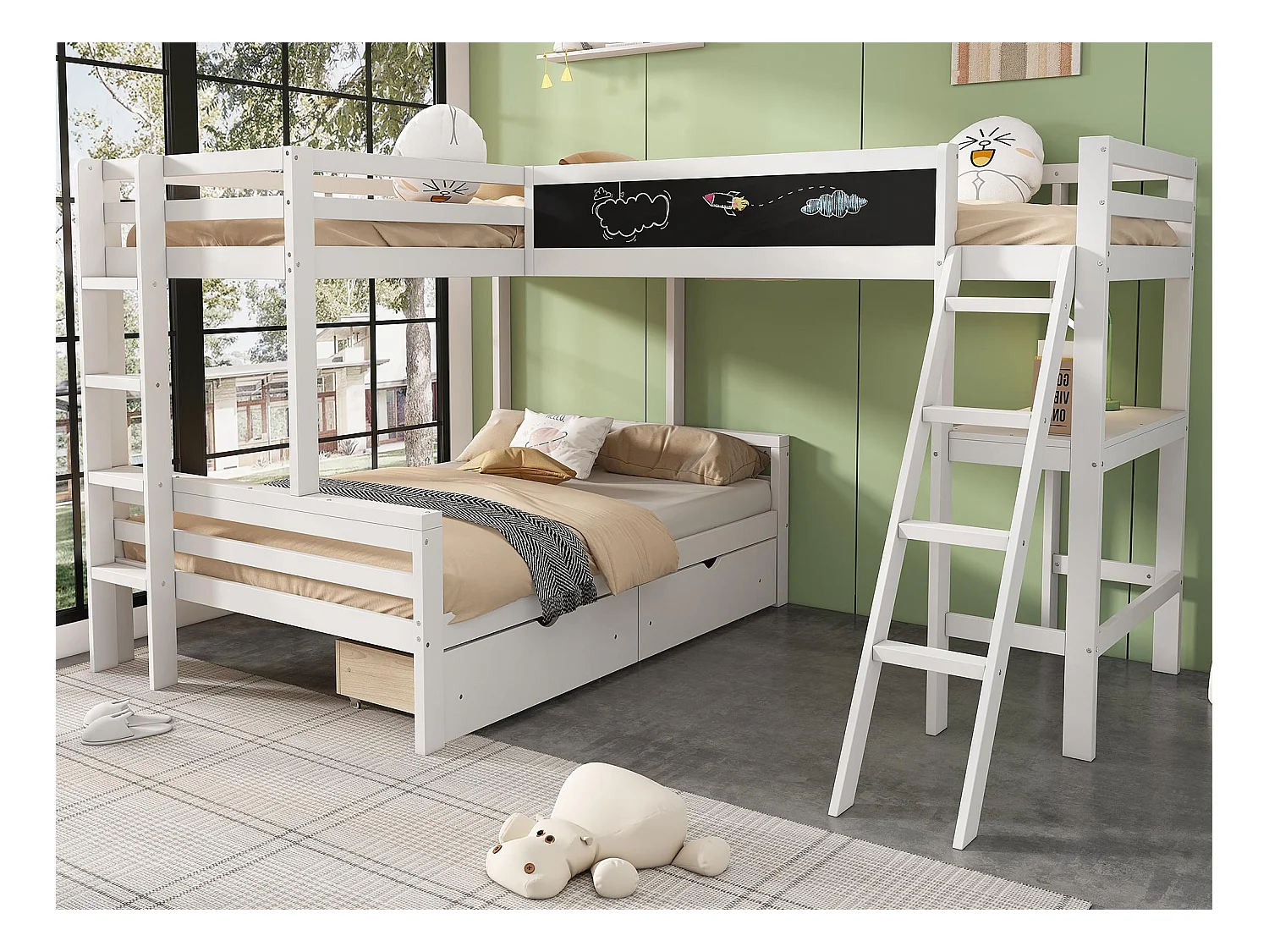 Lit superposé 2x90x200cm + 140x200cm en bois - avec un bureau et 2 tiroirs - Blanc
