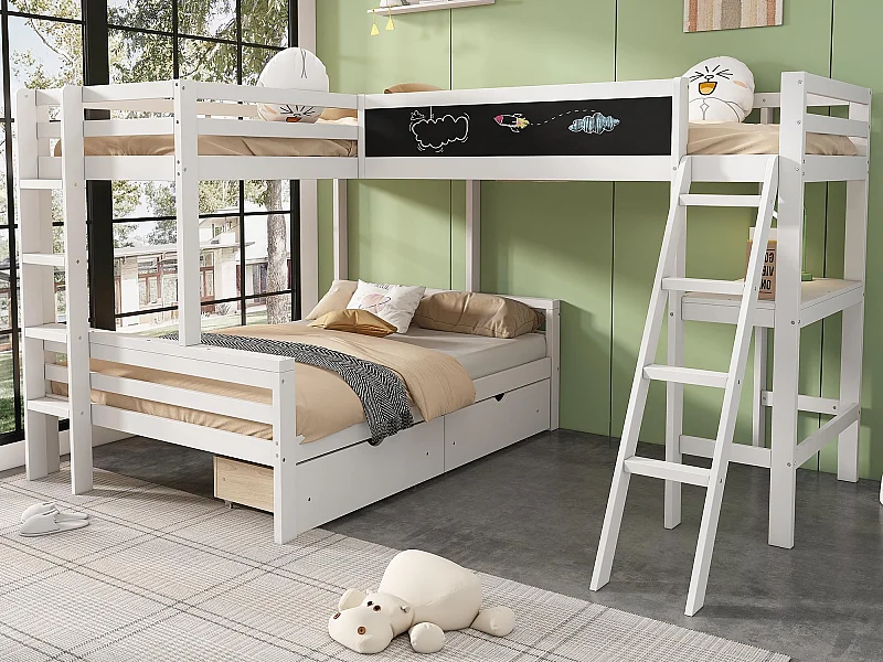 Lit superposé 2x90x200cm + 140x200cm en bois - avec un bureau et 2 tiroirs - Blanc