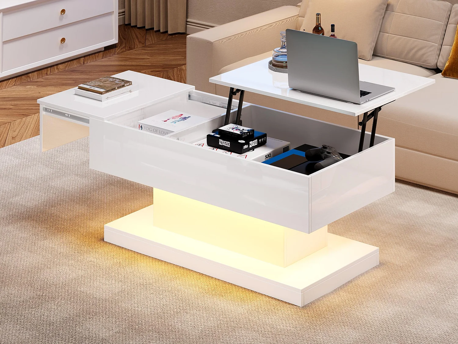 Mesa de centro elevável com LED - com espaço de arrumação e tampo semi-elevável - Branco