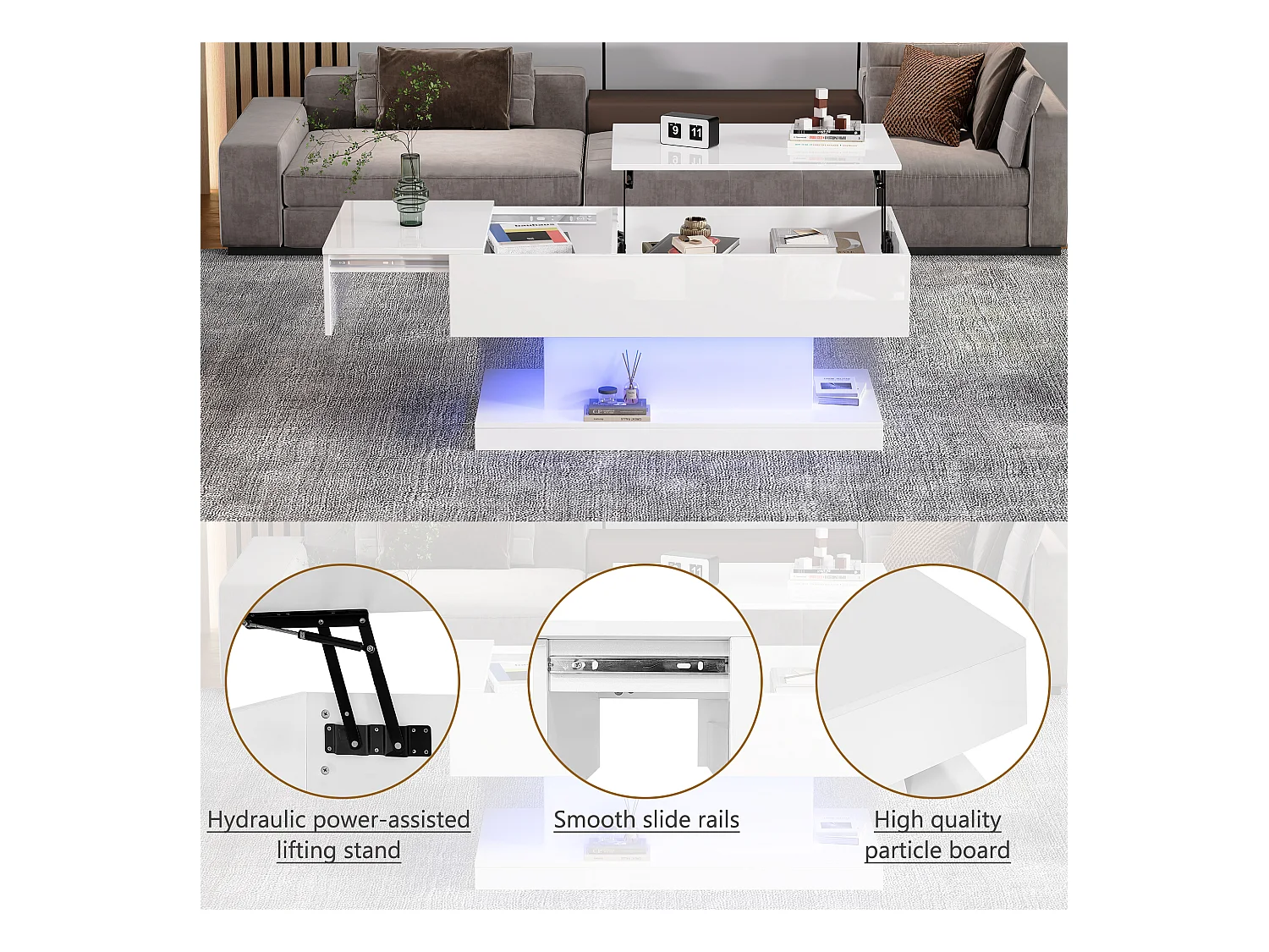 Mesa de centro elevável com LED - com espaço de arrumação e tampo semi-elevável - Branco