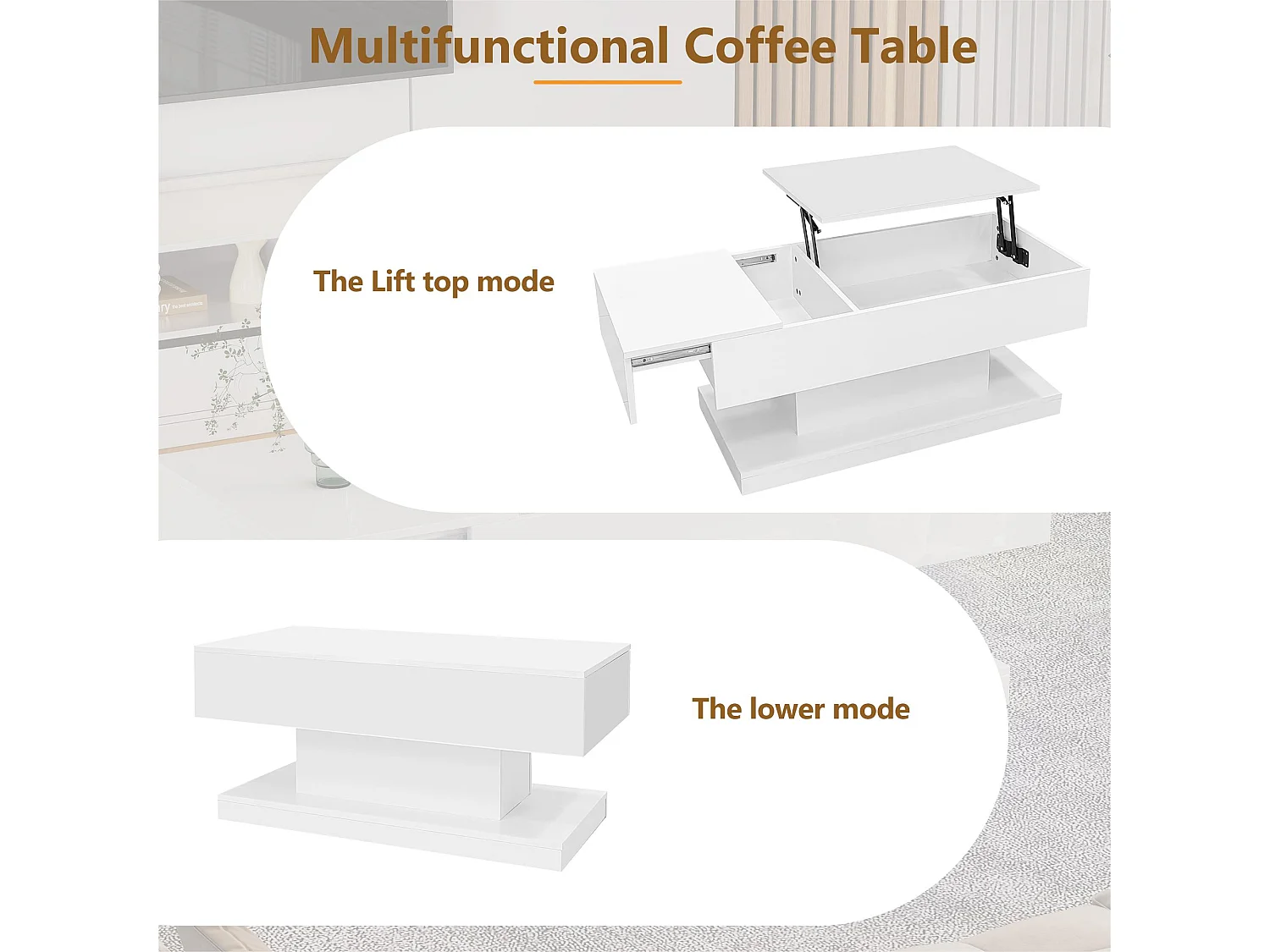 Mesa de centro elevável com LED - com espaço de arrumação e tampo semi-elevável - Branco