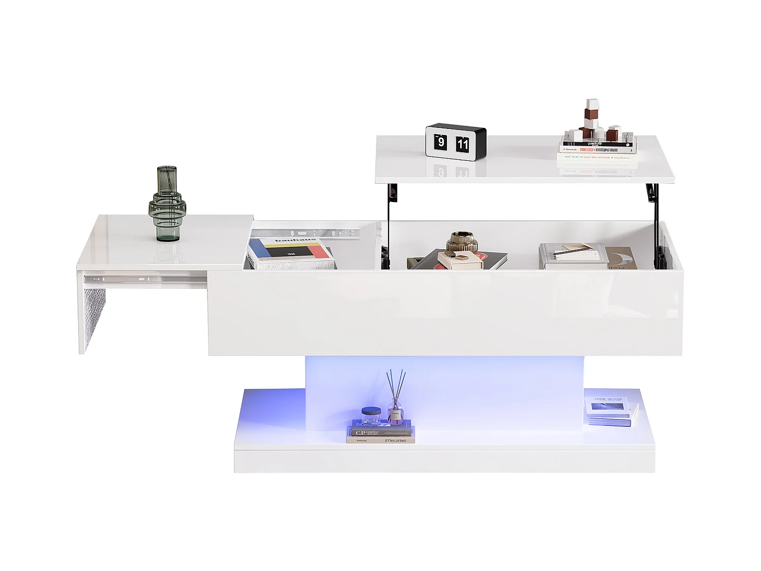 Mesa de centro elevável com LED - com espaço de arrumação e tampo semi-elevável - Branco