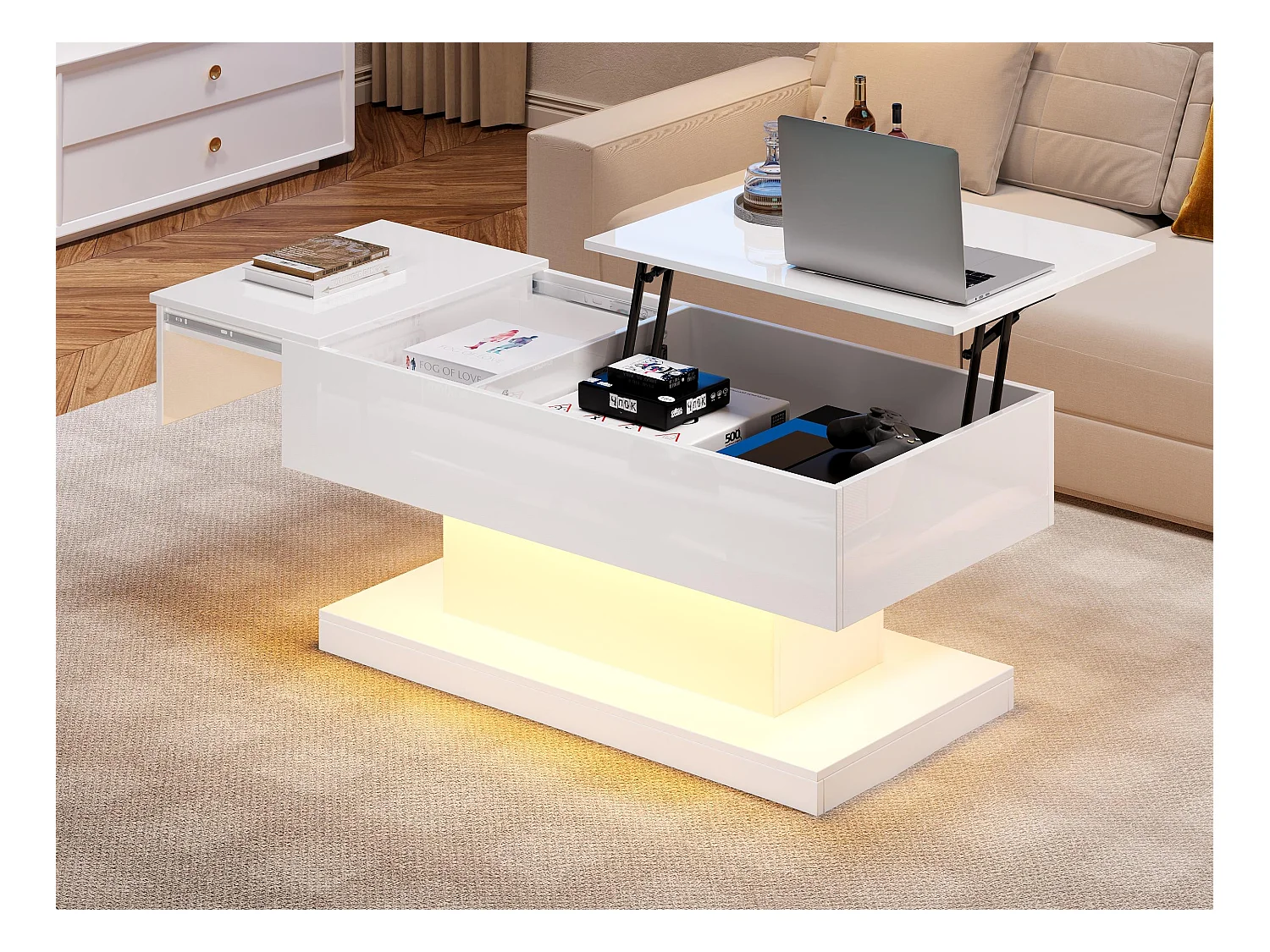 Table basse relevable avec LED - avec espace de rangement et plateau semi-relevable - Blanc
