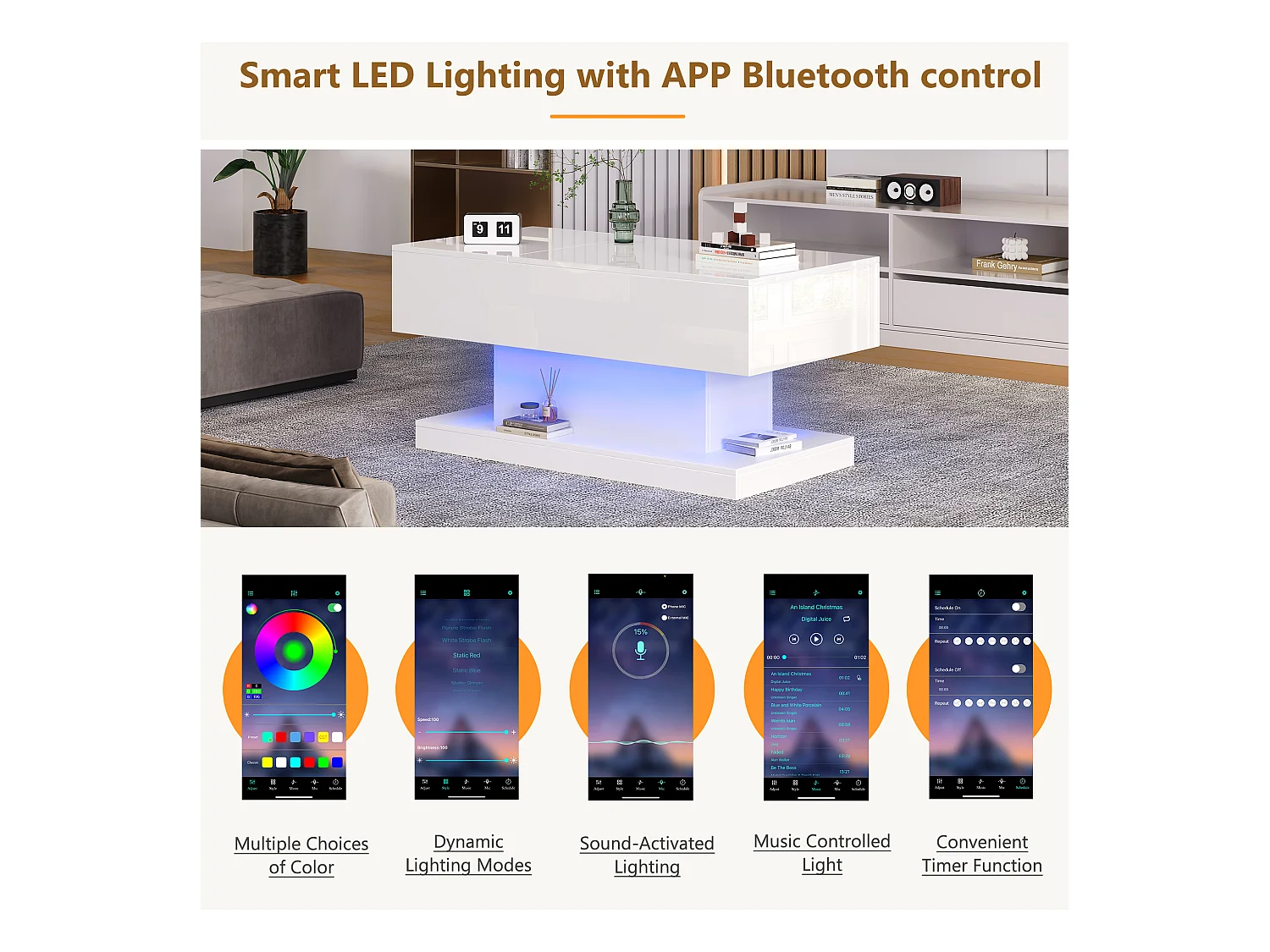 Tavolino alzabile con LED - con vano portaoggetti e piano semisollevabile - Bianco
