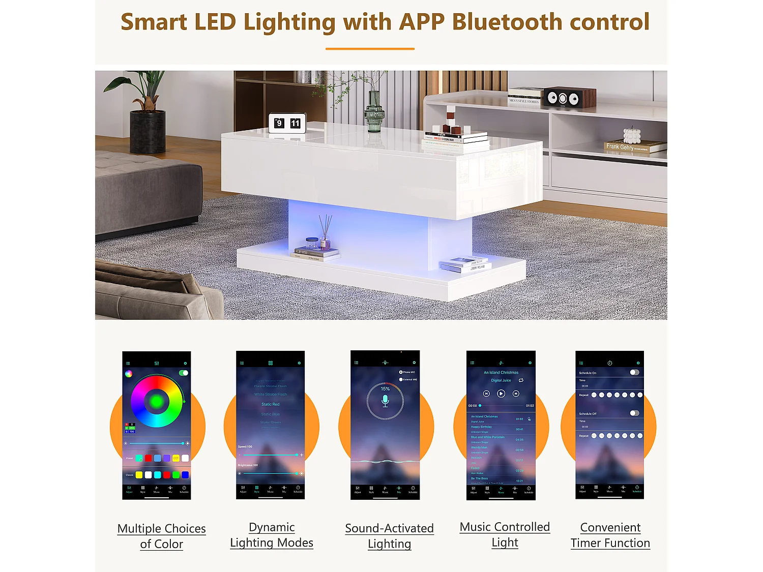 Anhebbarer Couchtisch mit LED – mit Stauraum und halb anhebbarer Platte – Weiß