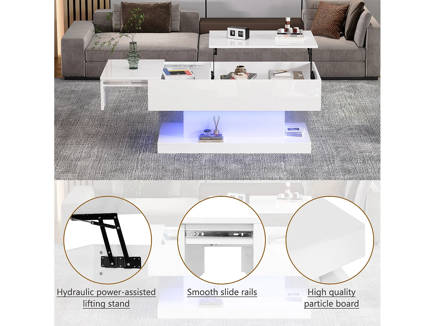 Anhebbarer Couchtisch mit LED – mit Stauraum und halb anhebbarer Platte – Weiß