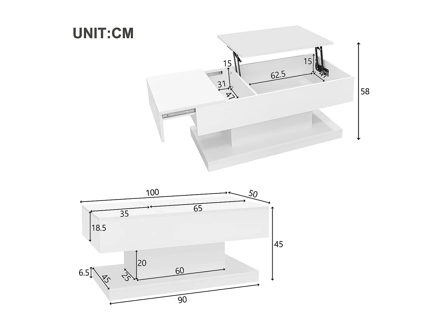Anhebbarer Couchtisch mit LED – mit Stauraum und halb anhebbarer Platte – Weiß