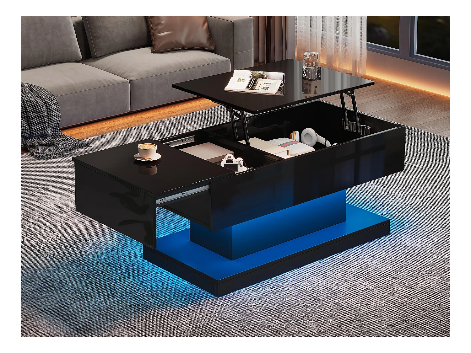 Anhebbarer Couchtisch mit LED – mit Stauraum und halb anhebbarer Platte – Schwarz