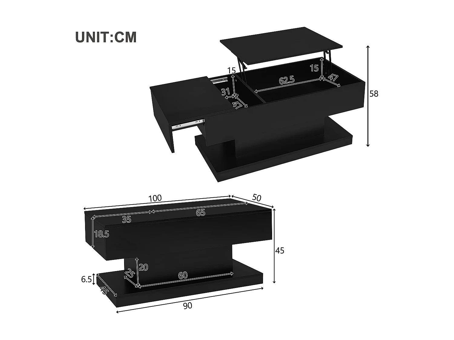 Anhebbarer Couchtisch mit LED – mit Stauraum und halb anhebbarer Platte – Schwarz