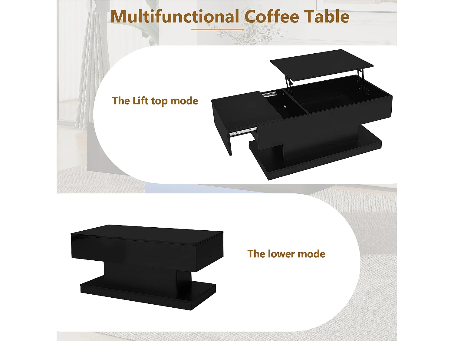 Mesa de centro elevable con LED - con espacio de almacenamiento y tapa semielevable - Negro