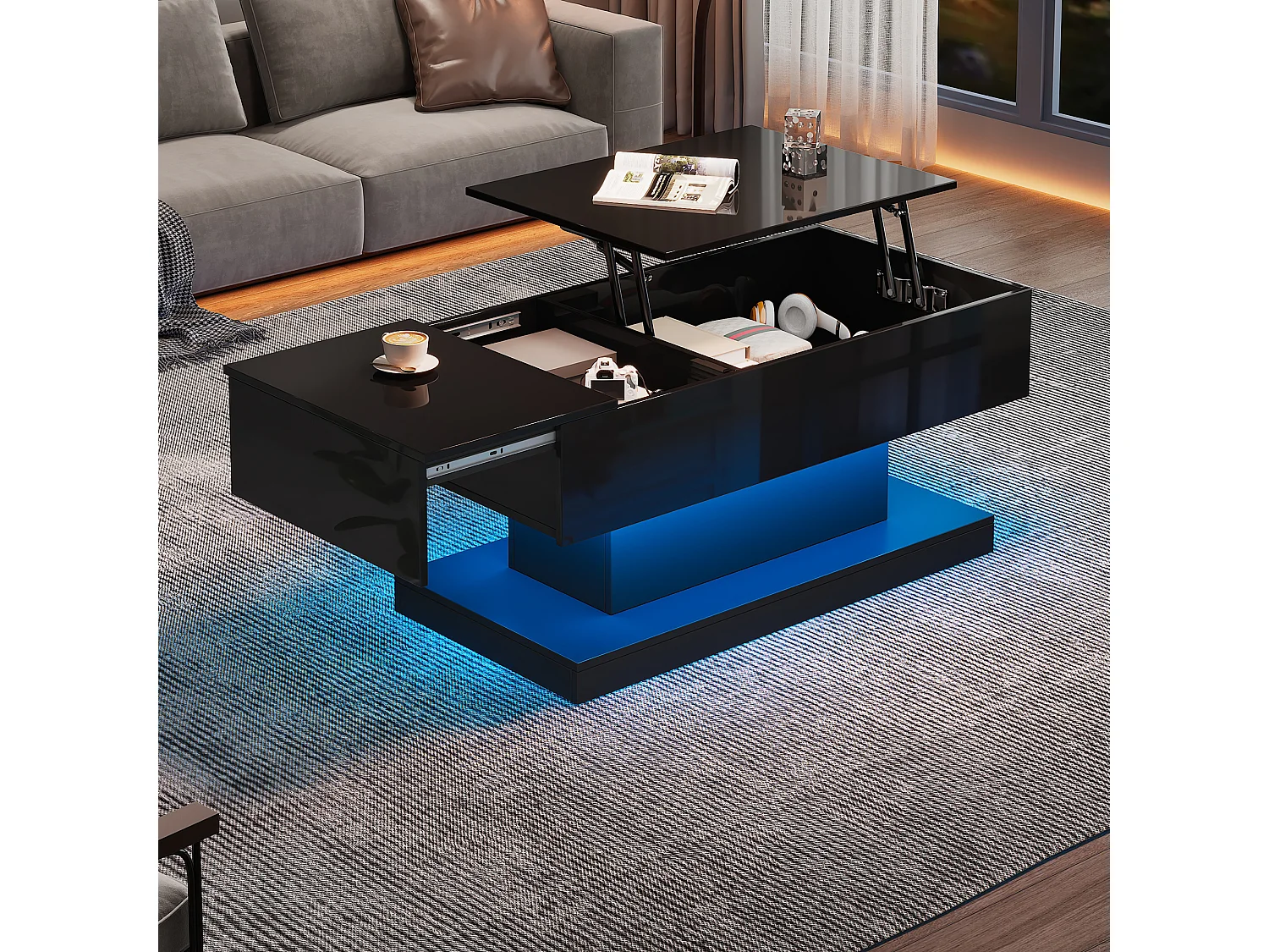 Mesa de centro elevable con LED - con espacio de almacenamiento y tapa semielevable - Negro