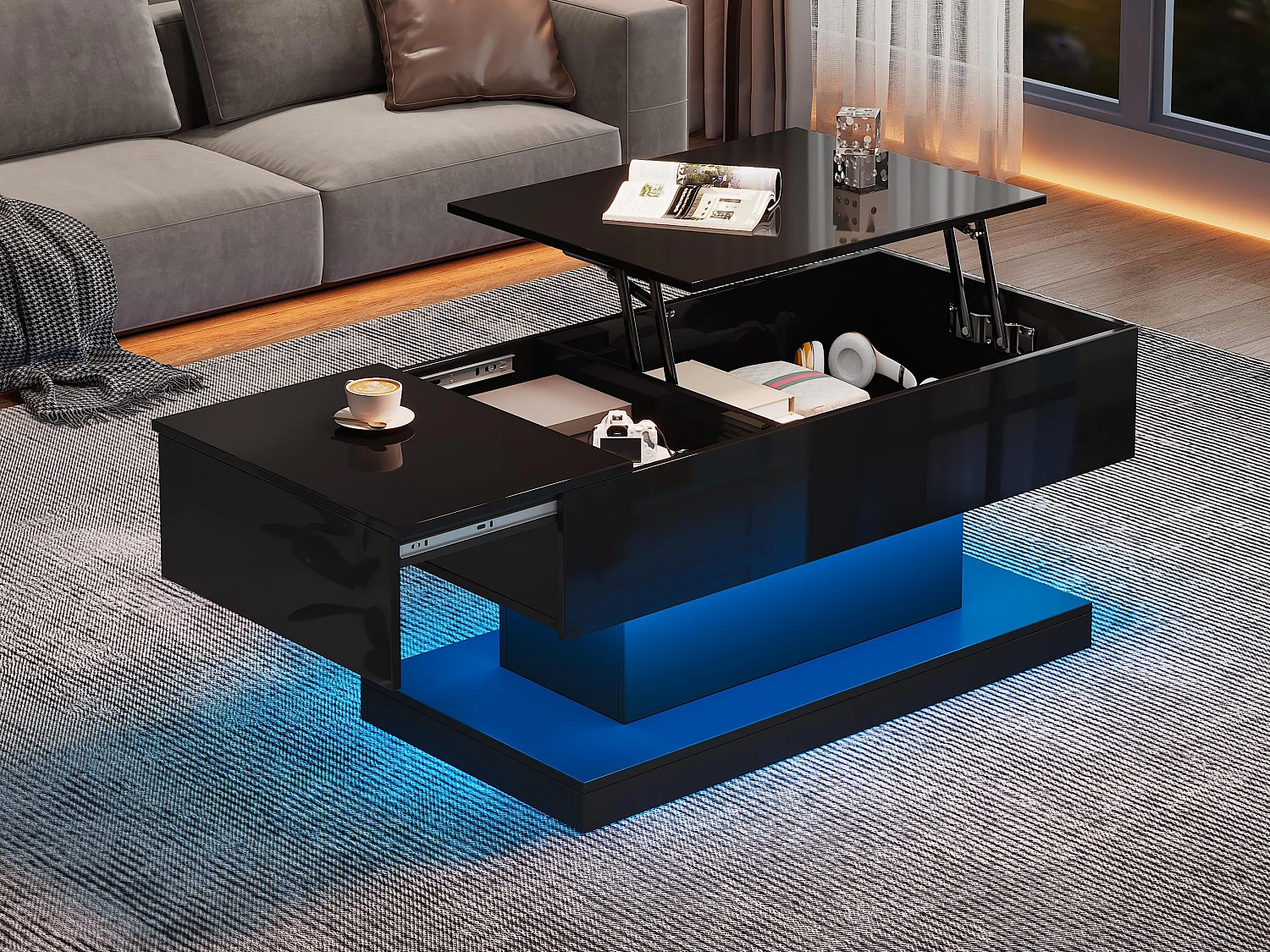 Mesa de centro elevable con LED - con espacio de almacenamiento y tapa semielevable - Negro