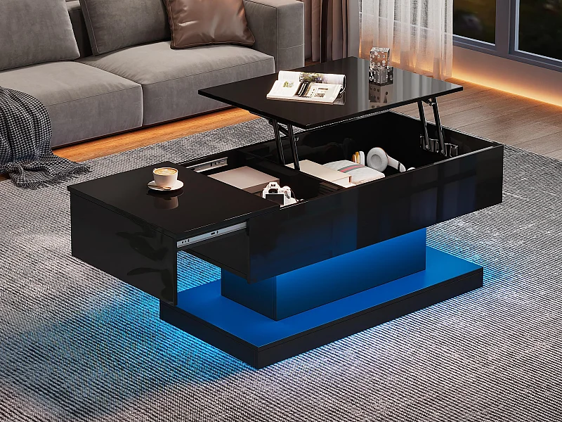 Tavolino alzabile con LED - con vano portaoggetti e piano semisollevabile - Nero