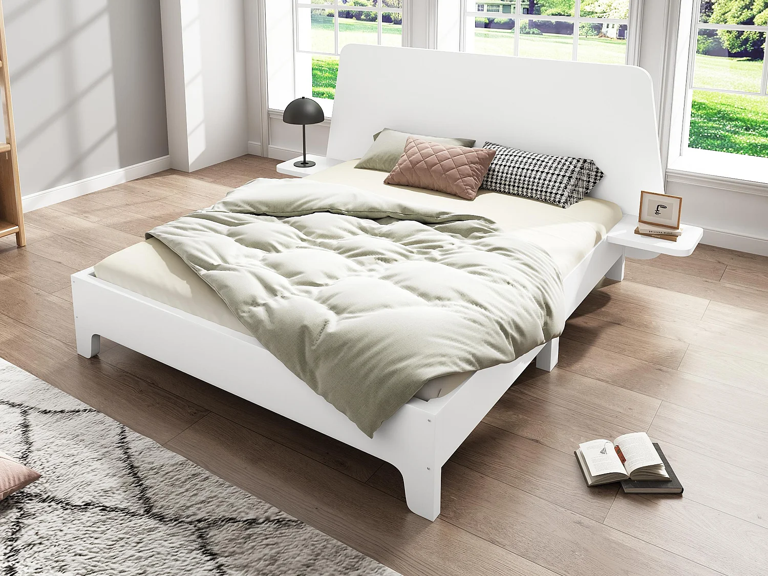 Lit adulte 160x200cm en bois - avec tablette de chevet et sommier à lattes - Blanc