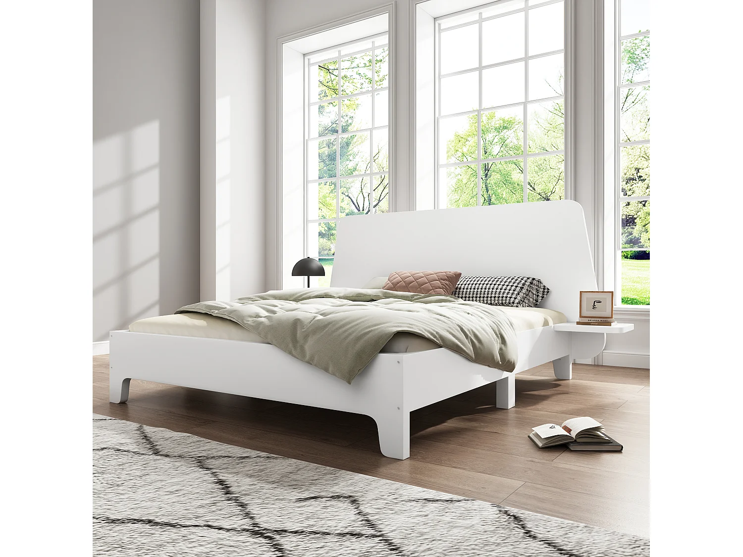 Lit adulte 160x200cm en bois - avec tablette de chevet et sommier à lattes - Blanc