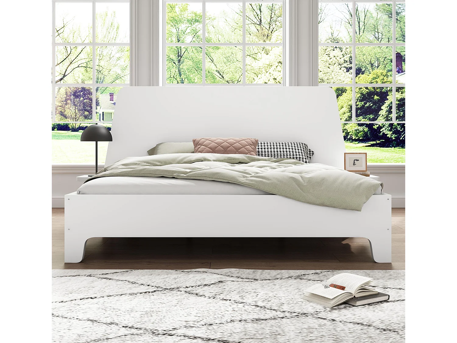 Lit adulte 160x200cm en bois - avec tablette de chevet et sommier à lattes - Blanc