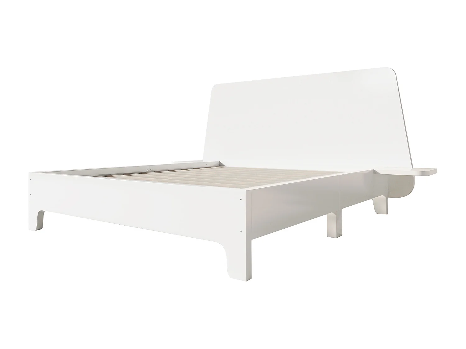 Lit adulte 160x200cm en bois - avec tablette de chevet et sommier à lattes - Blanc