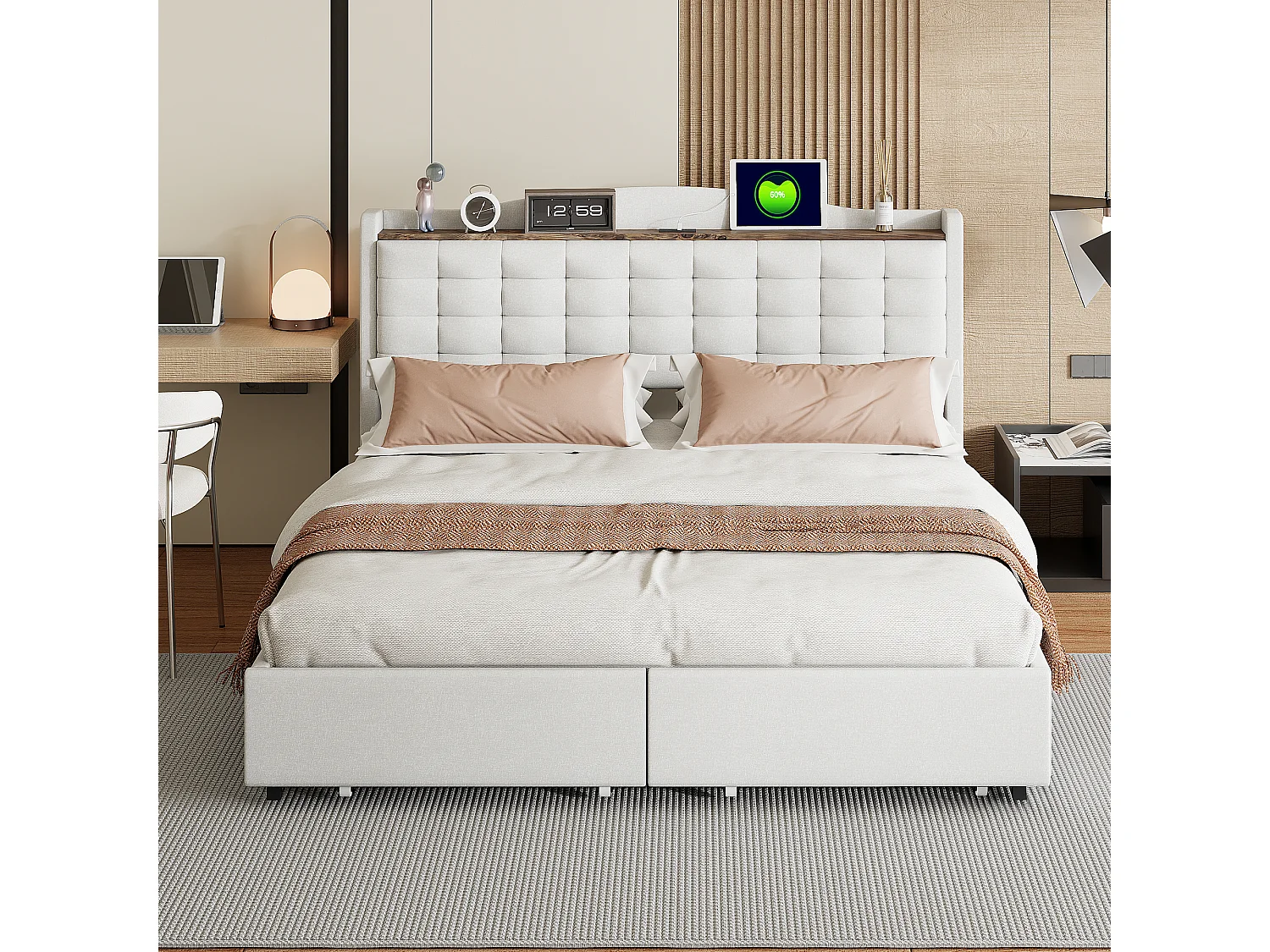 Leinenbett für Erwachsene, 160 x 200 cm – mit USB-Anschluss und 4 Schubladen – Lattenrost – Weiß