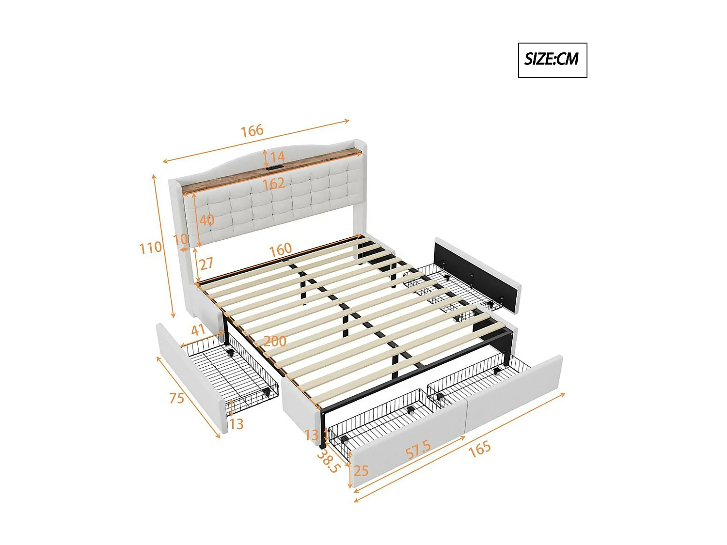Leinenbett für Erwachsene, 160 x 200 cm – mit USB-Anschluss und 4 Schubladen – Lattenrost – Weiß