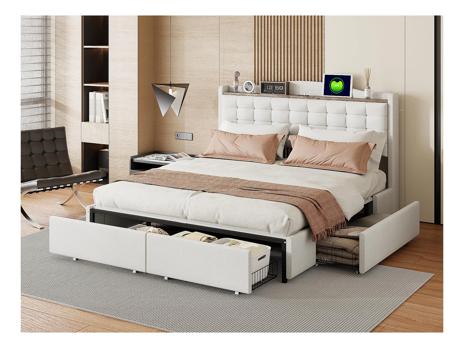 Lit adulte 160x200cm en lin - avec prise USB et 4 tiroirs - sommier à lattes - Blanc