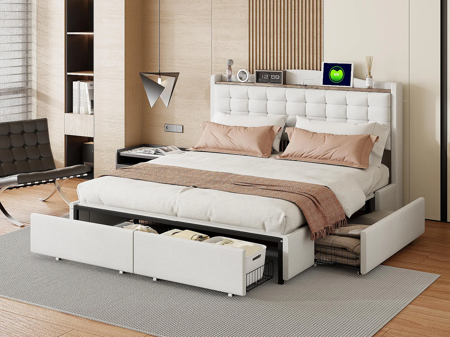 Lit adulte 160x200cm en lin - avec prise USB et 4 tiroirs - sommier à lattes - Blanc