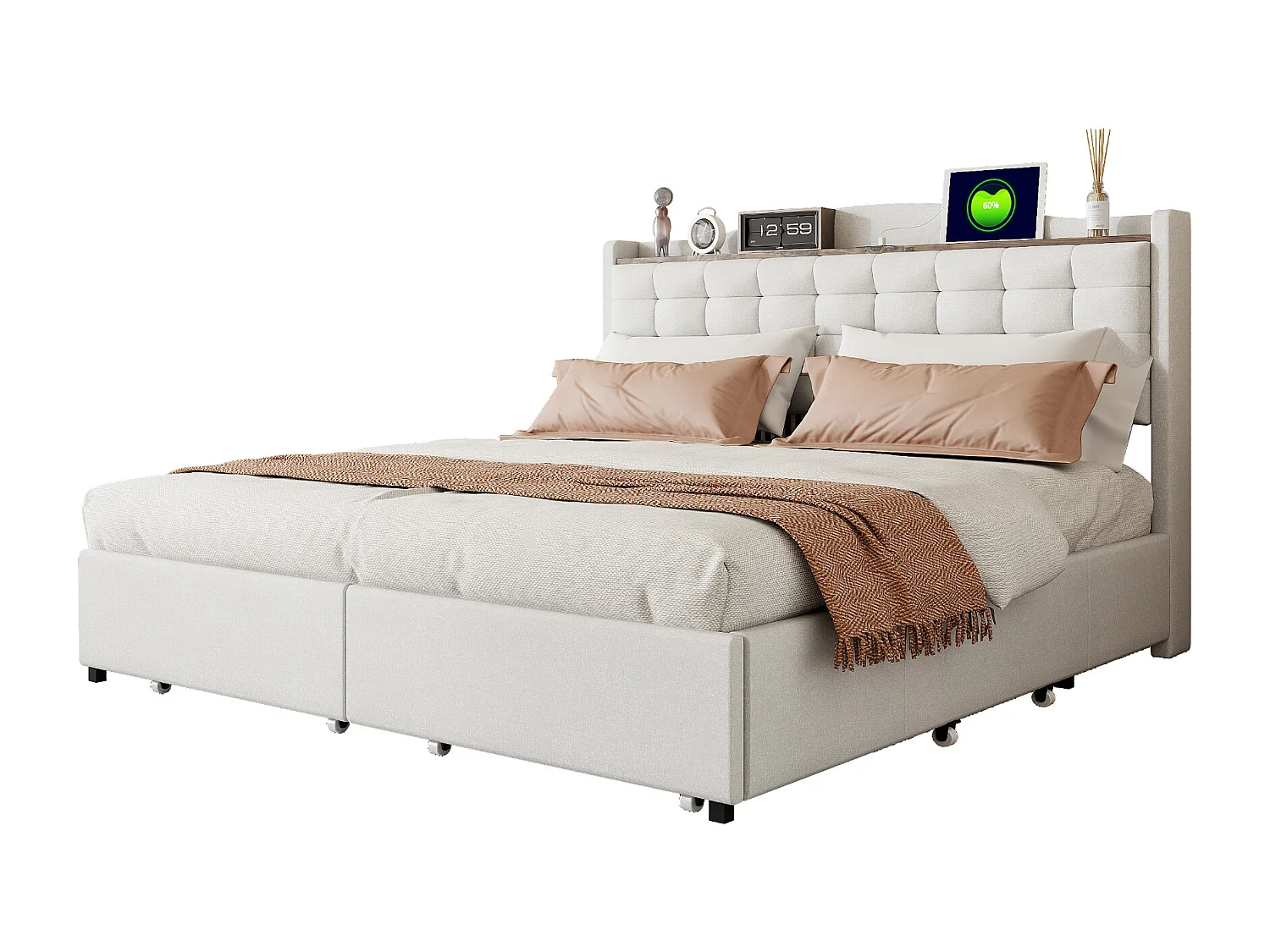 Lit adulte 160x200cm en lin - avec prise USB et 4 tiroirs - sommier à lattes - Blanc