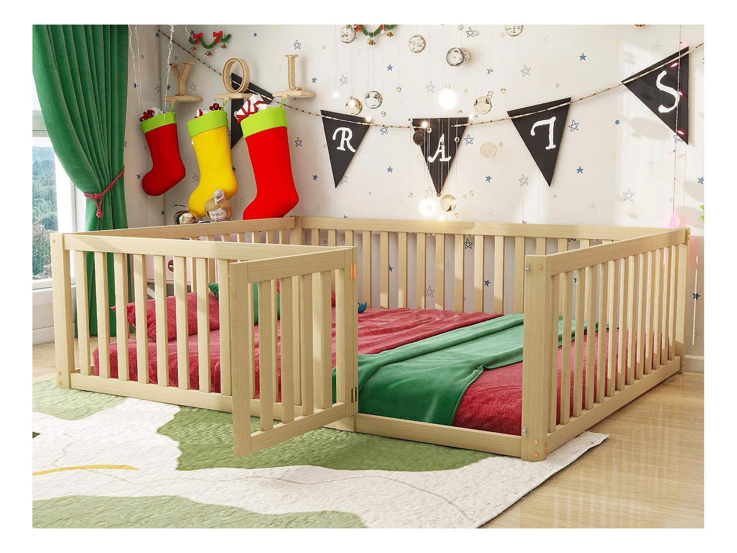 Lit enfant 140x200cm en bois massif avec barrière de sécurité - Naturel