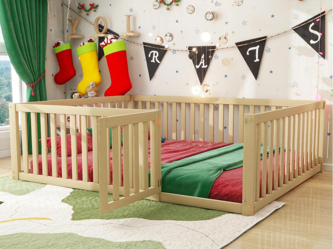 Cama infantil 140x200cm em madeira maciça com barreira de segurança - Natural