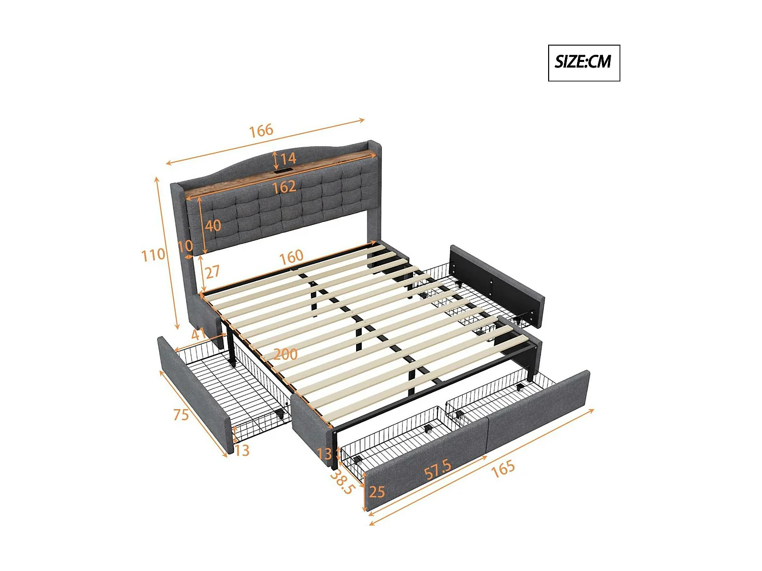 Łóżko dwuosobowe 160x200cm z lnu - z gniazdem USB i 4 szufladami - stelaż na listwach - Szary