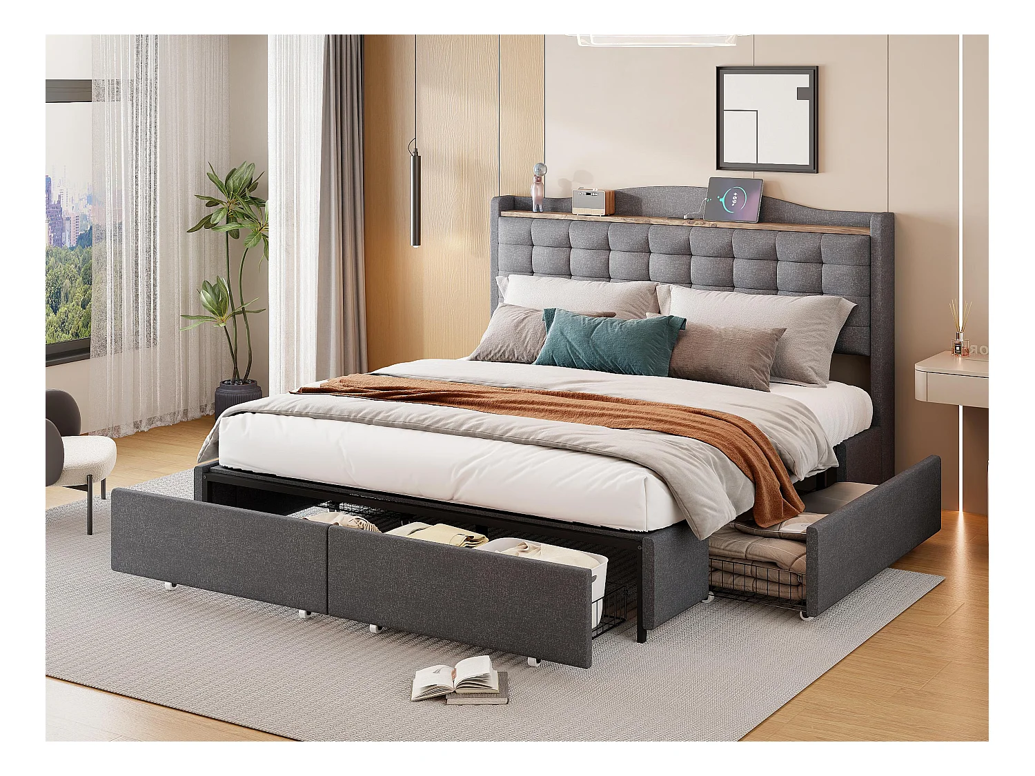Lit adulte 160x200cm en lin - avec prise USB et 4 tiroirs - sommier à lattes - Gris