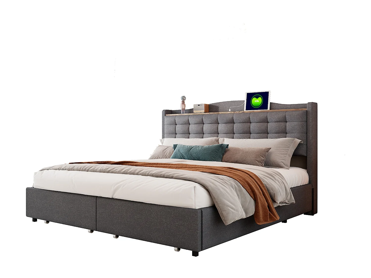 Lit adulte 160x200cm en lin - avec prise USB et 4 tiroirs - sommier à lattes - Gris