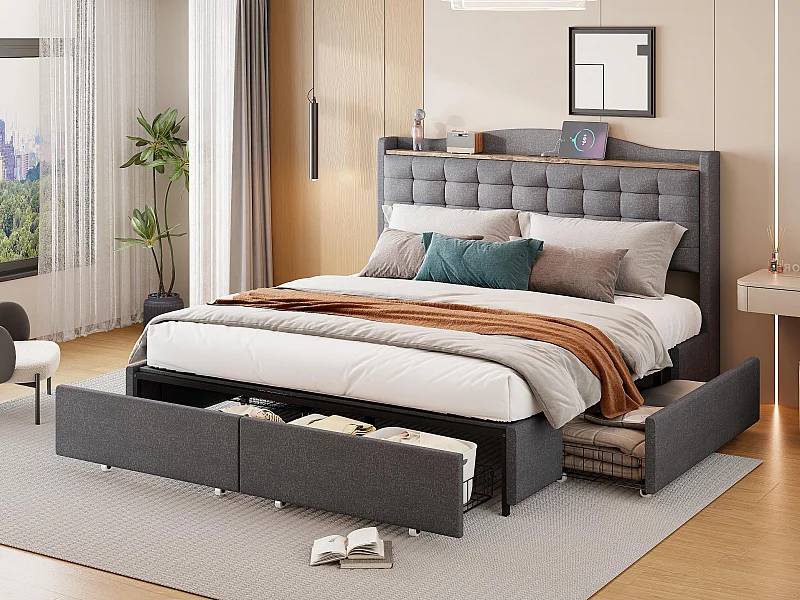 Volwassenenbed 160x200cm in linnen - met USB-aansluiting en 4 lades - lattenbodem - Grijs